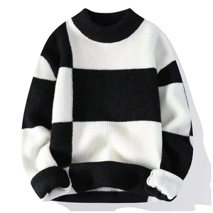 Premium <b>Men's</b> Geometric Knit <b>Sweater</b> Crew Neck Long Sleeve Pullover Black <b>White</b> Autumn Casual Wear - Product Image 1