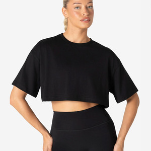 2026 Innovears Women's <b>Black</b> Crew Neck <b>Crop</b> <b>Top</b> <b>Short</b> <b>Sleeve</b> Solid Color Breathable Cotton Yoga Fitness Shirt - Product Image 4