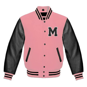 Veste universitaire rose pour homme, manches en cuir PU, lettre M brodée, style preppy, coupe classique, col rabattu, automne - Product Image 1