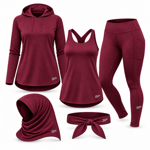 Ensemble de vêtements de course pour femmes Sew Pro, 5 pièces, polyester et élasthanne, taille haute, nœud, haut à capuche extensible, débardeur, leggings, hijab de sport - Product Image 1