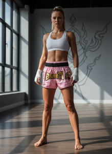 Pantalones Cortos de Muay Thai Rosados con Bordado de Tigre y Dragón en la Parte Delantera, Unisex, Corte Regular, Ropa para Artes Marciales Mixtas - Product Image 4