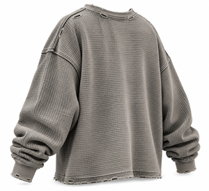 T-shirt Homme Vintage en Maille Gaufrée Délavée, Coupe Oversize, Col Rond, Manches Longues, Ourlet Effiloché, Style Décontracté Streetwear - Product Image 3