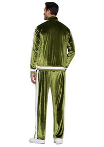 Men's Olive Green Velvet Tracksuit Full Sleeve Turn-<b>down</b> Collar Casual Jogger <b>Pants</b> Set Solid Color Breathable Midweight Regular - Product Image 4