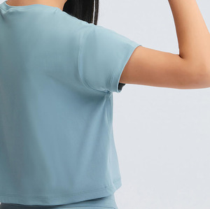 Women's Light Blue Cropped tank <b>top</b> O-Neck Short Sleeve Casual Breathable Knitted <b>Top</b> Solid Color Polyester Material women <b>crop</b> - Product Image 3