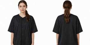 Camiseta de béisbol a rayas de talla grande para mujer, manga corta, con botones, sin cuello - Product Image 6