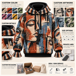 เสื้อสเวตเตอร์ถักลายแจ็คการ์ดพิมพ์ลายกราฟิกสำหรับผู้ชายแบบกำหนดเองสำหรับฤดูหนาว แต่งขอบด้วยพู่ ผลิตจากผ้าขนสัตว์/วิสโคส รับผลิตแบบ ODM - Product Image 5