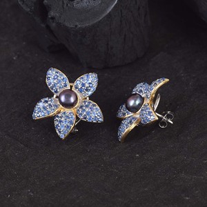 New 925 Sterling Silver Flower Shape Tahitian Pearl Stud <b>Earrings</b> 18K Gold Plated Blue Sapphire Gemstone Micro Pave <b>Fine</b> Jewelry - Product Image 2