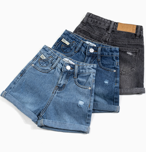 Shorts en jean délavé taille haute avec broderie pour filles, style décontracté, taille élastique, couleurs bleu et noir - Product Image 6