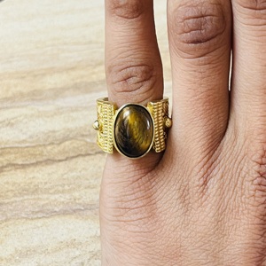 Statement Design <b>Tiger</b> <b>Eye</b> Brass Gemstone <b>Ring</b> Gold Plated Leaf Texture Tribal Vintage Style Chunky Handmade Wholesale Womens - Product Image 4