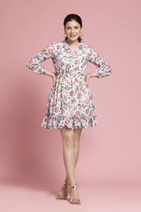 High on Demanded White Floral Printed Mini Dress <b>Three</b>-Quater Sleeves for Special Occasions Available at Affordable Price - Product Image 6