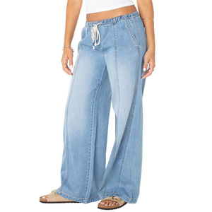 Top Quality Loose Fit Women's <b>Jeans</b> Pants Streetwear Baggy Style Straight Leg Breathable Ladies Denim Pant With Drawstring Waste - Product Image 3