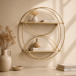 Minimalist Round Wall Shelf Double Tier Gold Metal Hanging Storage Rack for Living Room - Product Image 1