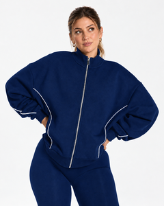 Conjunto Deportivo Casual de Dos Piezas para Mujer con Cremallera y Líneas en Contraste, Chaqueta de Corte Holgado y Pantalones de Pierna Ancha a Juego, a la Moda - Product Image 3