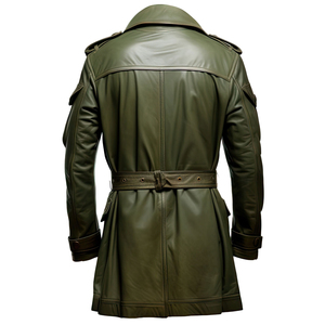 Manteau trench en cuir véritable pour homme, col à revers, manches longues, ceinture, coupe classique, longueur genou - Product Image 4
