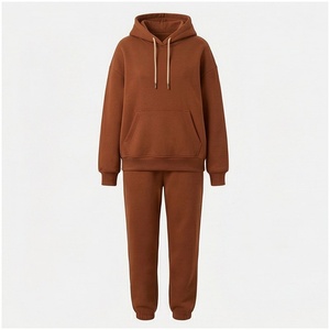 Unisex <b>Brown</b> Hooded Sweatshirt & <b>Jogger</b> Tracksuit Set 100% Cotton Midweight Casual Solid Color Full Sleeve Autumn Wear - Product Image 1