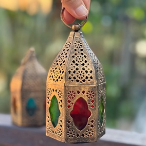 Hexagonal Metal Moroccan Lantern With Colorful Glass <b>Panels</b> Durable Home Decoration Hanging <b>Light</b> Fixture - Product Image 6