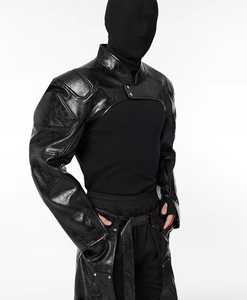 Men's <b>Black</b> PU Leather Moto Jacket Mandarin Collar Windproof Slim Fit Regular Length Solid Color Belt Closure - Product Image 3