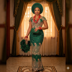 Robe George Lace rouge rubis taille moyenne SRT avec Gele |   Tenue de fête de mariage nigériane de luxe Aso Ebi pour femmes - Product Image 4