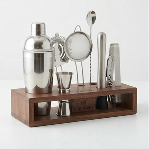 Ensemble d'outils de bar à cocktails en acier inoxydable avec support en bois, kit de barman moderne pour la préparation de cocktails, articles de bar pour les fêtes - Product Image 4