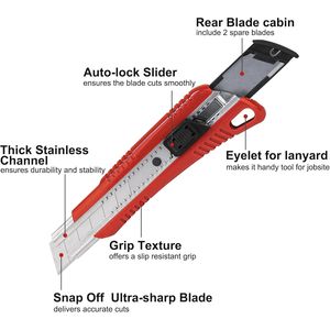 Cuchillo Multiusos Retráctil de Alta Resistencia con Bloqueo Automático de 25 mm, 4 Unidades, con 2 Cuchillas de Repuesto HT0080-4PC - Product Image 2