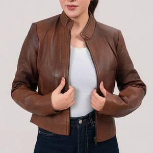 Chaqueta de Cuero Genuino Marrón Vintage para Mujer Shirley - Diseño Transpirable de Invierno con Cierre de Cremallera - Chaqueta de Cuero Marrón Vintage - Product Image 2