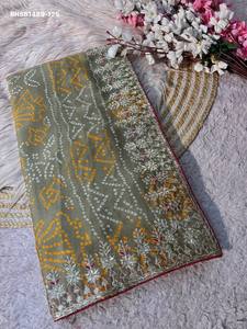 Premium Quality Moss Chiffon Silk with Bandhej Print & Foil <b>Gota</b> Patti work & RIch Pallu Saree-Mono Work Blouse Indian Supplier - Product Image 4