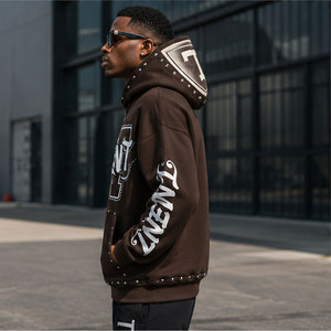 Men's <b>Brown</b> Zip-Up Hoodie Talent Letter Print Streetwear Oversized Fit French Terry Sweatshirt with Pocket and Sleeve Design - Product Image 3