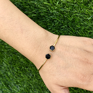 Pulsera geométrica moderna con ónix facetado, ágata musgosa, calcedonia acuática, brazalete abierto de latón chapado en oro de 18k, pulsera apilable. - Product Image 2