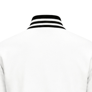 Maßgefertigte Weiß-Schwarze Varsity-Jacke mit Gestreiftem Rippenkragen, Bündchen und Saum, Griechische Buchstaben-Stickerei, Wappen-Logo, College-Letterman-Jacke - Product Image 5