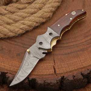 HANDMADE FORGED DAMASCUS FOLDING POCKET KNIFE WITH POCKET CLIP- CAMPING FLODING KNIFE WITH ROSE WOOD HANDLE - Product Image 2