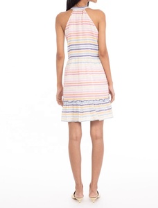 Robe mini en mousseline de soie rayée couleur bonbon, style halter, coupe trapèze, sans manches, respirante, décontractée, pour femme, avec volants - Product Image 2