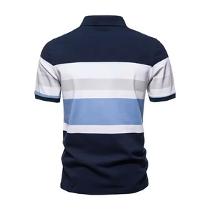 Camiseta de Manga Corta con Cuello Redondo para Hombre, a Rayas, con Bloques de Color, Tejida, Corte Regular, Estilo Casual, 100% Algodón, Transpirable, Azul Marino - Product Image 2