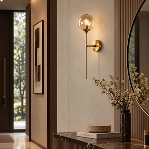 Elan Brushed Gold Tall Wand Wall Lamp Amber Glass Globe Sconce Light Fixture Nordic Elegance Design 3-Year Warranty for Bedroom - Product Image 4
