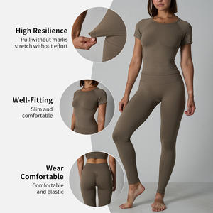 ZL4628&ZL4629 Conjuntos de Yoga sin Costuras para Mujer: Camisetas de Gimnasio de Manga Corta con Cuello Redondo y Leggings de Fitness de Cintura Alta con Control de Abdomen - Product Image 3