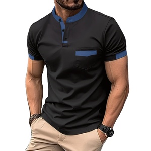 2024 chaud mâle col montant couleur unie à manches courtes chemise Henry, poche poitrine loisirs divertissement hommes POLO chemise - Product Image 3