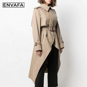 New Asymmetric Design Belted Quilted <b>Jacket</b> Spring Belt Lapel Casual Stylish <b>Waterproof</b> Windproof Khaki <b>Long</b> Coat - Product Image 6