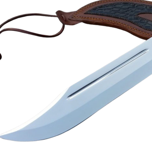 Cuchillo Bowie Hecho a Mano con Hoja Curva de Acero Plateado, Mango Negro Marrón, Guardacuchillo de Latón y Funda de Cuero, Personalizado para Caza y Actividades al Aire Libre - Product Image 2