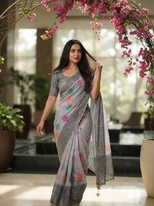 Sari en rayonne gris imprimé numériquement avec des pois colorés et une bordure dorée pour femmes, tenue décontractée traditionnelle Inde Pakistan - Product Image 1