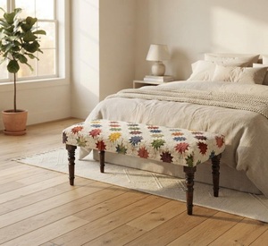 Banco Tapizado Boho Colorido de Lana y Yute con Asiento de Madera para Entrada, Hecho a Mano, Estilo Rústico, para Dormitorio, Fin de Cama o Pasillo - Product Image 4