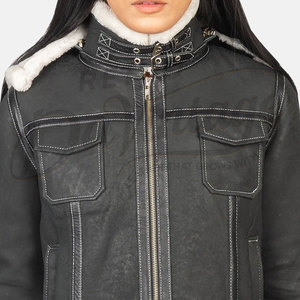 Women Black Distressed Real <b>Leather</b> Hooded <b>Jacket</b> White Faux Fur Trim Slim Fit Premium Sheepskin Winter Biker Outerwear Fashion - Product Image 6