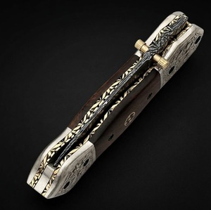 Couteau pliant artisanal DIY en acier Damas à lame coulissante, avec étui en cuir OEM, pour la chasse, le camping et la survie, lame Drop Point - Product Image 5