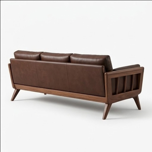 Solid Wood Mid Century <b>Sofa</b> with Brown Leather Cushions Modern Living Room Furniture for Home Hotel Apartment Project - Product Image 5