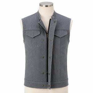 Gilet de moto en jean gris premium pour homme, sans manches, style motard, veste tactique en coton, gilet décontracté, vêtement d'extérieur tendance - Product Image 1