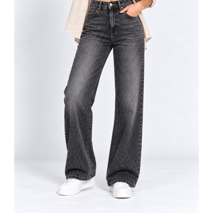 Jean en denim taille haute à jambe large pour femme avec passants de ceinture croisés au dos, noir délavé - Product Image 4