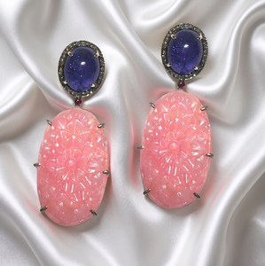 Flower Designs Natural Carving Tanzanite Rose Quartz <b>Diamond</b> Cute Sterling Silver <b>Dangle</b> <b>Earrings</b> for Women-Gift & Party Jewelry - Product Image 5