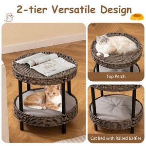 Cuccia per Gatti a 2 Livelli in Rattan, Finitura Grigia, 15"x15", Cuscino Imbottito Lavabile, Capacità 30 kg, Gambe in Metallo - Product Image 6