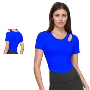 Chemises et hauts de yoga pour femmes à col en U et manches courtes avec design épaules, séchage rapide, écologiques, coupe ajustée, respirants, vêtements de fitness - Product Image 6