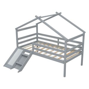 <b>Twin</b> Low Loft House <b>Bed</b> for Kids Grey with Slide Ladder Safety Guardrails House Roof <b>Frame</b> - Product Image 2
