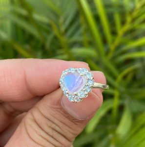 Heart Moonstone <b>Ring</b> Sterling Silver Blue Topaz Halo Gemstone Romantic Jewelry Women Gift Statement Design - Product Image 5