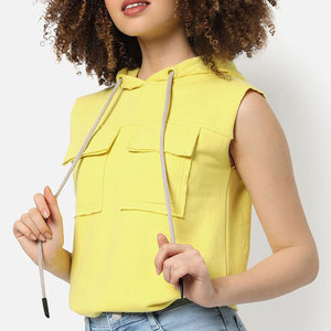 Gilet sans manches à capuche jaune pour femme avec poches, en coton tricoté, décontracté, pour l'été - Product Image 2
